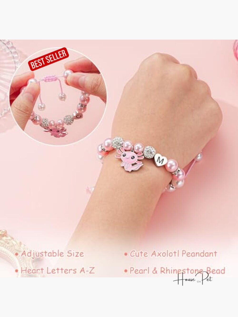 Cute Axolotl Heart Initial Bracelet CZ Rhinestone Beads and Pearl Bracelet - Picture 5 of 7
